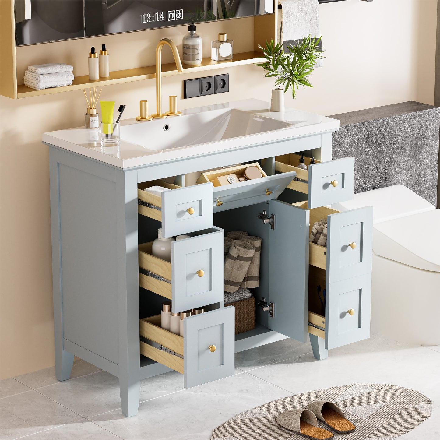 36 "bathroom makeup cabinet with resin sink combination and 2 drawers, with soft closing door, blue color