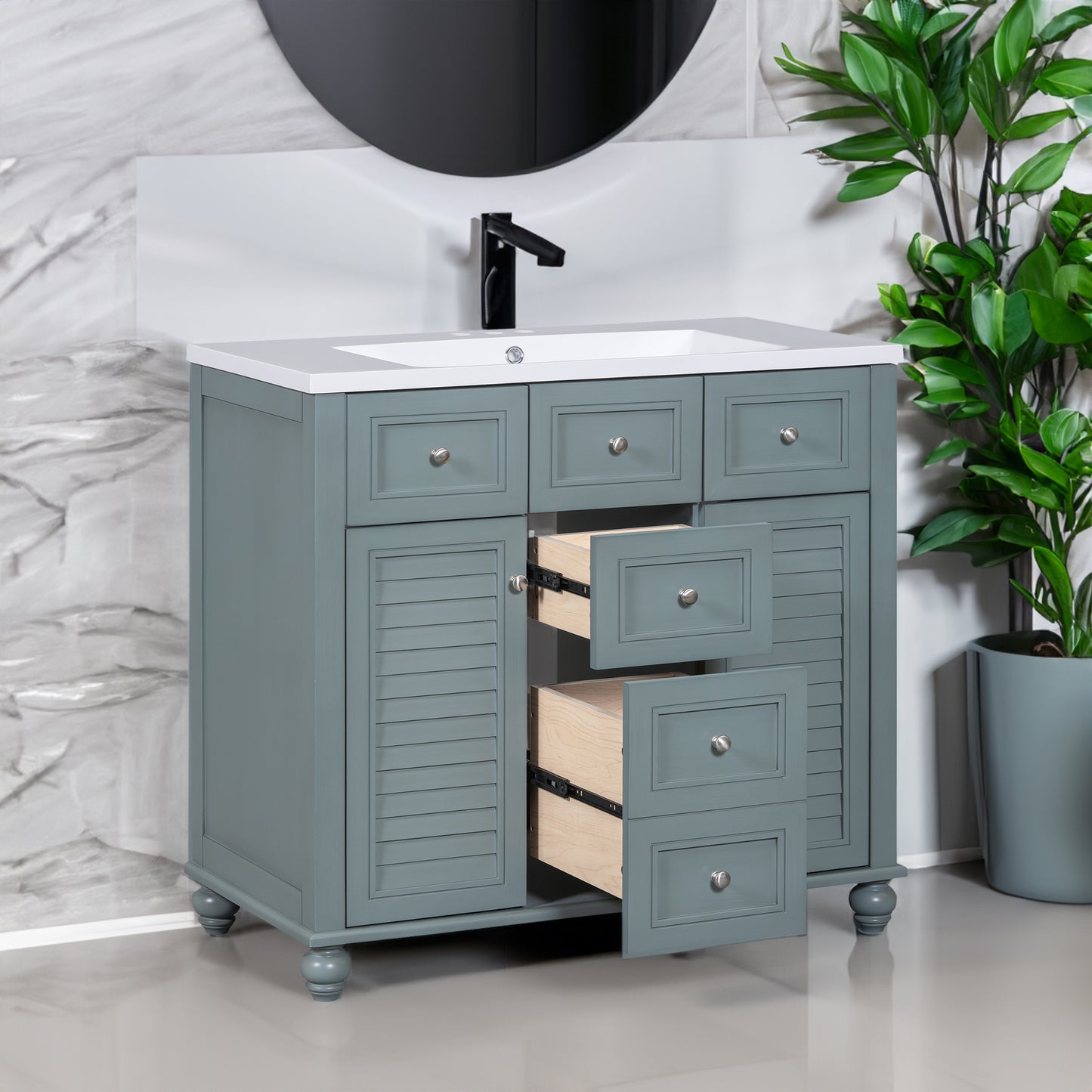 36 inch bathroom vanity with resin sink combination set with 6 drawers and 2 cabinets, storage cabinet vanity set, light blue