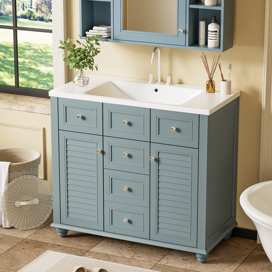 36 inch bathroom vanity with resin sink combination set with 6 drawers and 2 cabinets, storage cabinet vanity set, light blue