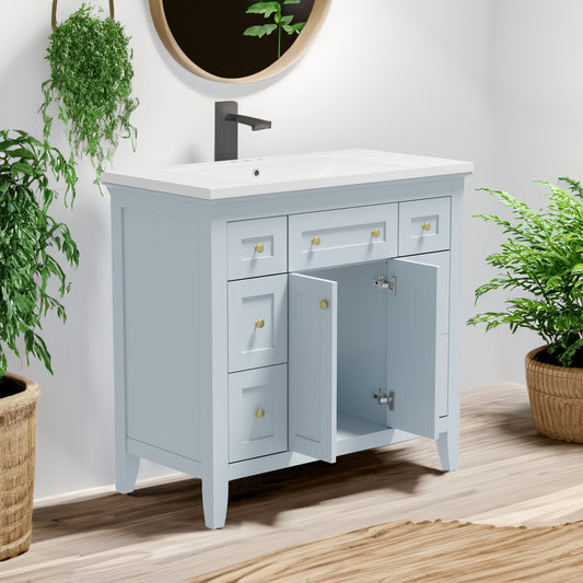 36 "bathroom makeup cabinet with resin sink combination and 2 drawers, with soft closing door, blue color