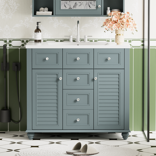 36 inch bathroom vanity with resin sink combination set with 6 drawers and 2 cabinets, storage cabinet vanity set, light blue
